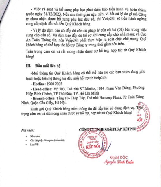 Anh chup Man hinh 2023 12 01 luc 11.17.18 - VOIP24H thông báo tiến hành rà soát và hoàn thành ký kết phụ lục đầu số