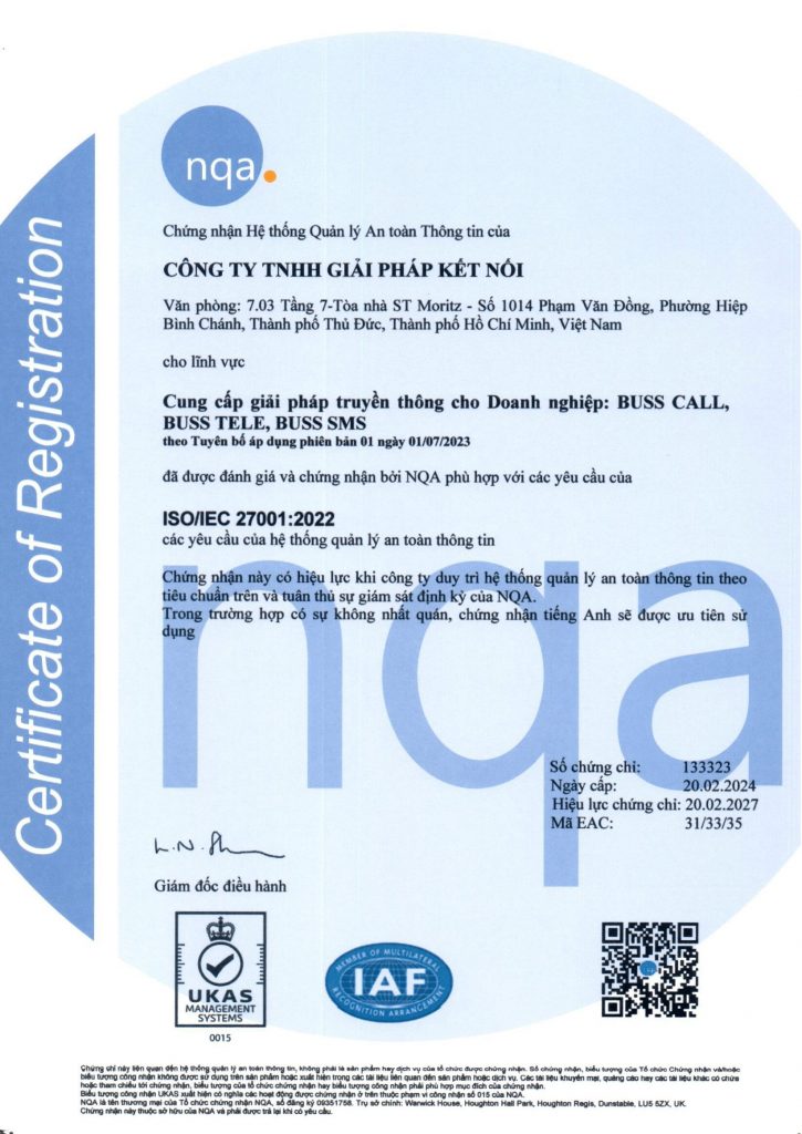 Chung chi tieng Viet ISMS 133323 CONG TY GIAI PHAP KET NOI 1 725x1024 - Voip24h hoàn thành đánh giá chứng nhận ISO/IEC 27001:2022